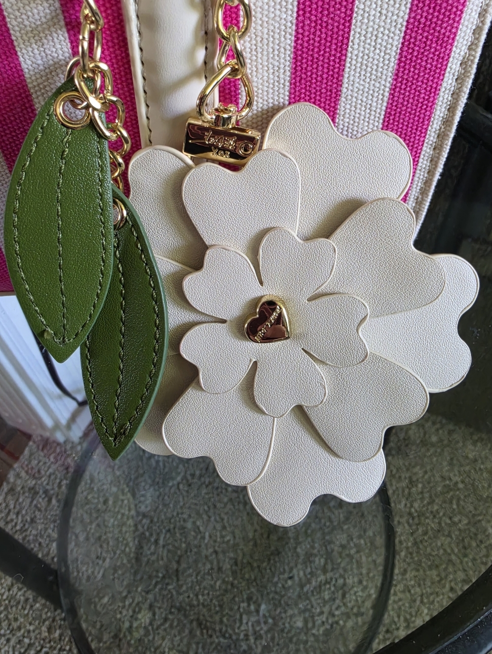 Betsey Johnson White & Pink Striped Women’s Handbag with Floral Charm - Picture 5 of 7